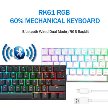 ROYAL KLUDGE RK61 Bluetooth безжична механична клавиатура 60% RGB двоен режим BT5.0/USB-C 61 клавиша Мини геймърска клавиатура с възможност за гореща смяна