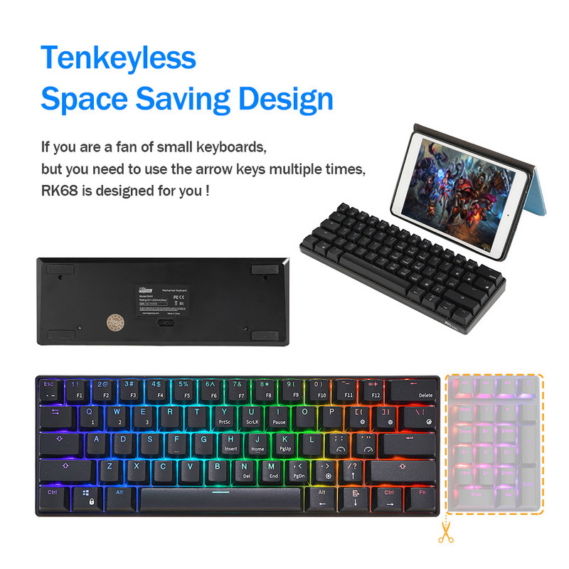 ROYAL KLUDGE RK61 Bluetooth bezvadu mehāniskā tastatūra 60% RGB divrežīmu BT5.0/USB-C 61 taustiņu mini, karsti maināma spēļu tastatūra