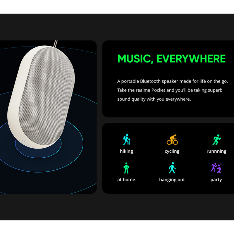Realme 3W Mini ασύρματο ηχείο Bluetooth Αδιάβροχο Δυναμικό πρόγραμμα οδήγησης ενίσχυσης μπάσων Στερεοφωνικό Σύζευξη Φορητός ήχος μπάσων μεγάλης διάρκειας μπαταρίας