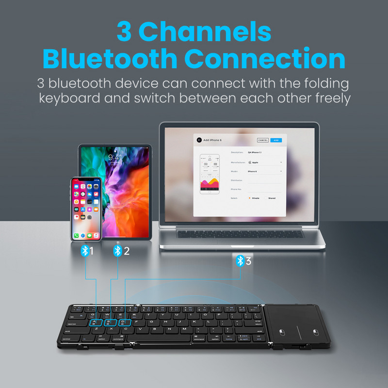 AVATTO Mini tastatură portabilă pliabilă fără fir Bluetooth 5.1 cu conexiune 3 canale pentru Windows Android IOS Tabletă ipad Telefon