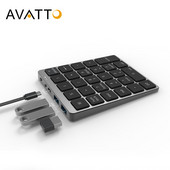 AVATTO din aliaj de aluminiu 28 de taste Tastatură numerică fără fir Bluetooth cu HUB USB Mai multe taste funcționale Mini tastatură numerică pentru sarcini de contabilitate