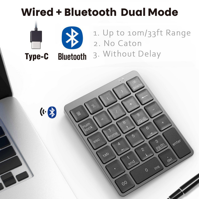 AVATTO din aliaj de aluminiu 28 de taste Tastatură numerică fără fir Bluetooth cu HUB USB Mai multe taste funcționale Mini tastatură numerică pentru sarcini de contabilitate
