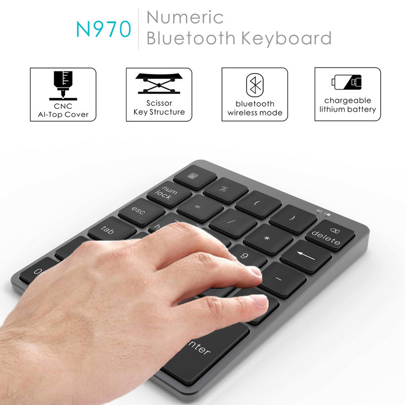AVATTO din aliaj de aluminiu 28 de taste Tastatură numerică fără fir Bluetooth cu HUB USB Mai multe taste funcționale Mini tastatură numerică pentru sarcini de contabilitate