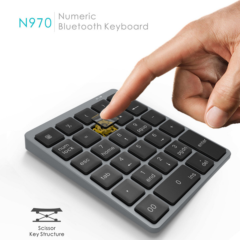 AVATTO din aliaj de aluminiu 28 de taste Tastatură numerică fără fir Bluetooth cu HUB USB Mai multe taste funcționale Mini tastatură numerică pentru sarcini de contabilitate