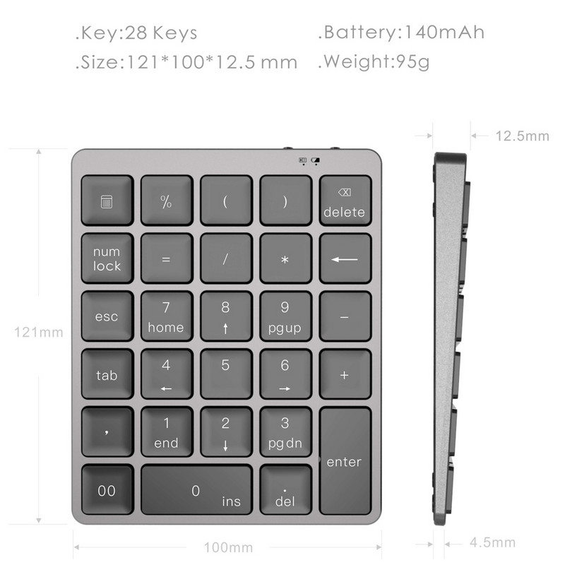 AVATTO din aliaj de aluminiu 28 de taste Tastatură numerică fără fir Bluetooth cu HUB USB Mai multe taste funcționale Mini tastatură numerică pentru sarcini de contabilitate
