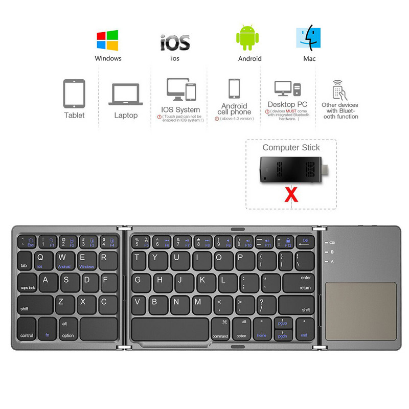 AVATTO ruska/španjolska/engleska B033 mini sklopiva tipkovnica, bežična Bluetooth tipkovnica s touchpadom za Windows, Android, IOS