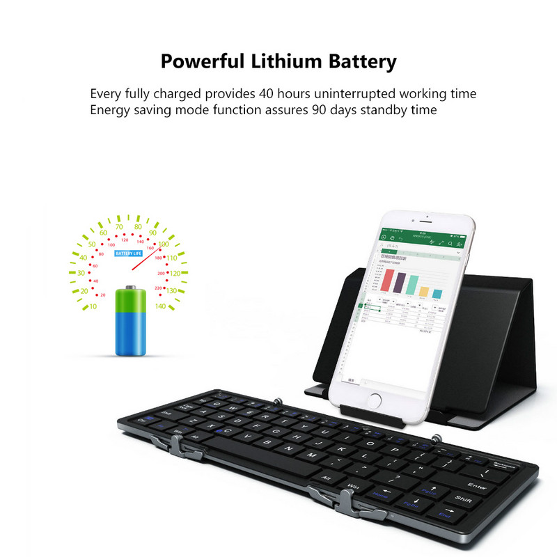 Carcasă din aluminiu AVATTO Tastatură Bluetooth pliabilă portabilă, tastatură pliabilă fără fir pentru mini tabletă pentru telefon IOS/Android/Windows