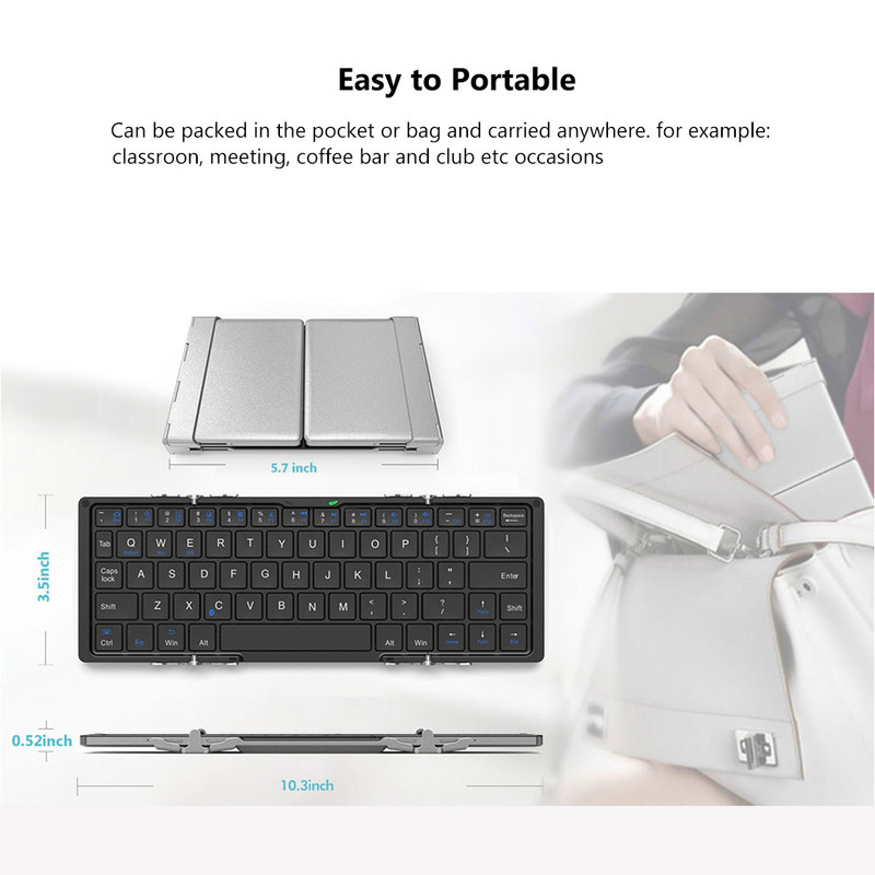 Carcasă din aluminiu AVATTO Tastatură Bluetooth pliabilă portabilă, tastatură pliabilă fără fir pentru mini tabletă pentru telefon IOS/Android/Windows