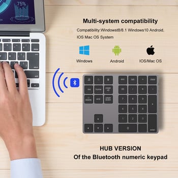 AVATTO Алуминиева сплав Bluetooth Безжична цифрова клавиатура с USB ХЪБ Функция за цифров вход за Windows, Mac OS, Android преносим компютър