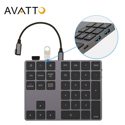 AVATTO Bluetooth bežična numerička tipkovnica od aluminijske legure s USB HUB funkcijom digitalnog unosa za Windows, Mac OS, Android prijenosno računalo