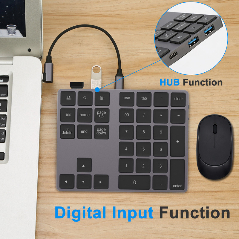 Bezdrôtová numerická klávesnica AVATTO z hliníkovej zliatiny s funkciou digitálneho vstupu USB HUB pre Windows, Mac OS a Android notebooky