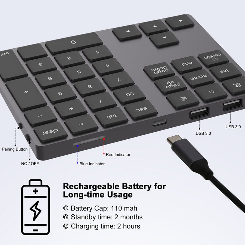 Bezdrôtová numerická klávesnica AVATTO z hliníkovej zliatiny s funkciou digitálneho vstupu USB HUB pre Windows, Mac OS a Android notebooky