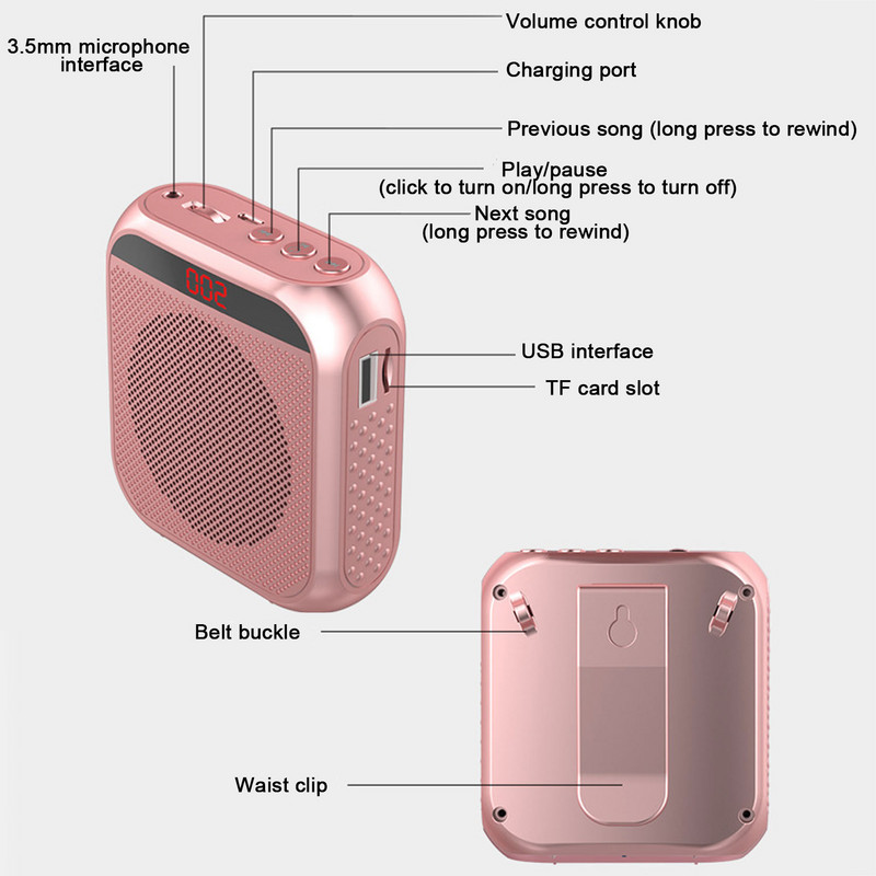 Kaasaskantav minihäälvõimendi 5 W 2400 mAh multifunktsionaalne isiklik häälkõlar mikrofoniekraaniga kõnekoosoleku jaoks 4x3x1