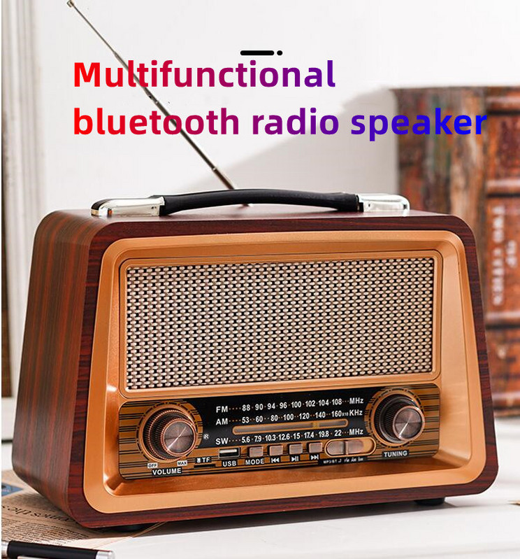 Retro prenosné rádio, bezdrôtové Bluetooth kompatibilné HIFI reproduktor, stereo AM/FM rádio prijímač, prehrávač, USB TF AUX, MP3, klasický štýl