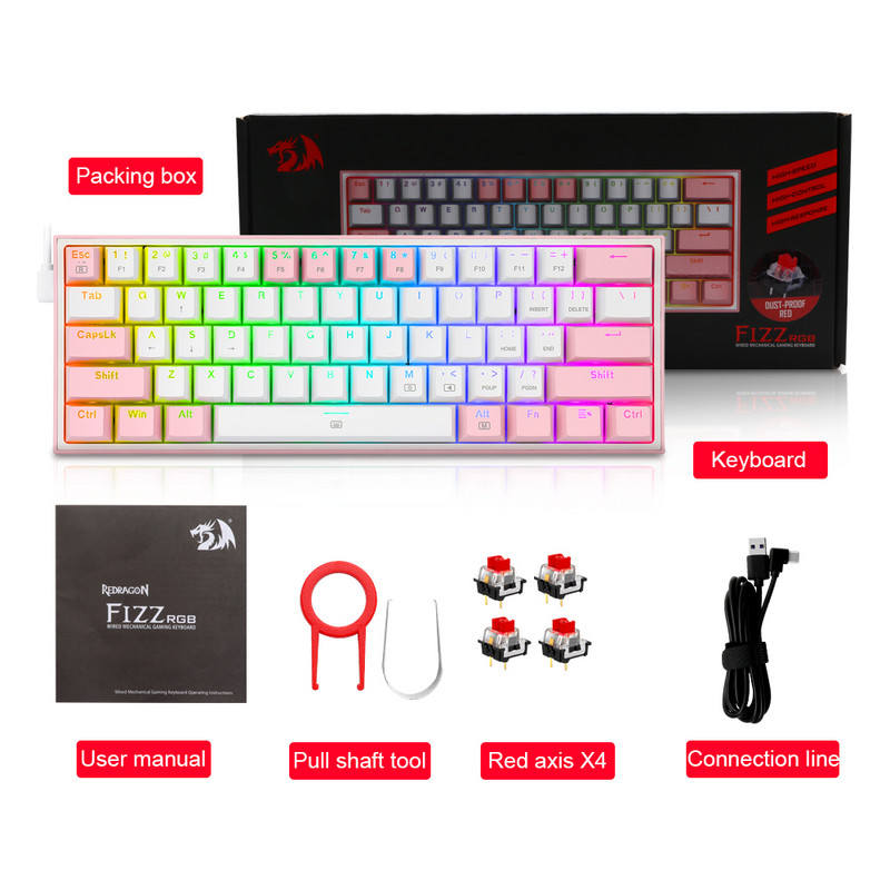REDRAGON Fizz K617 RGB USB mini mehanička gaming tipkovnica crveni prekidač 61 tipka Žičani odvojivi kabel, prenosiv za računalstvo na putovanju