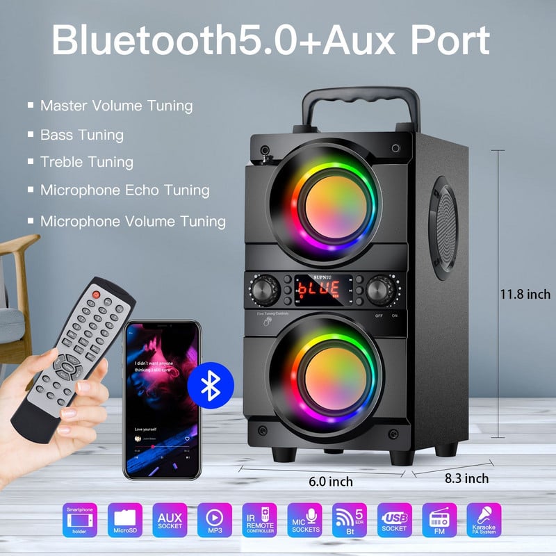 TOPROAD Bluetooth zvučnik 60 W prijenosni bežični stereo bas subwoofer karaoke zvučnici za zabavu s podrškom za RGB LED svjetlo FM radio