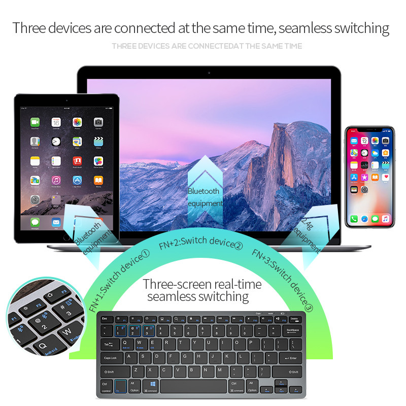 Bluetoothi 3 režiimi juhtmevaba klaviatuuri ja hiire kombinatsioonid Määra vaigistus 78/94 klahvid iPadile Klaviatuurid IOS-i jaoks Android Windows Phone Tahvelarvuti