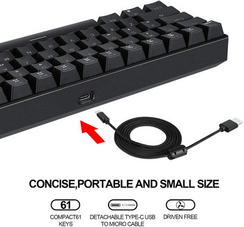 Motospeed CK61 Механична клавиатура Преносима 61 клавиша RGB LED Backlit USB кабелна офис/геймърска клавиатура за Mac, Android, Windows