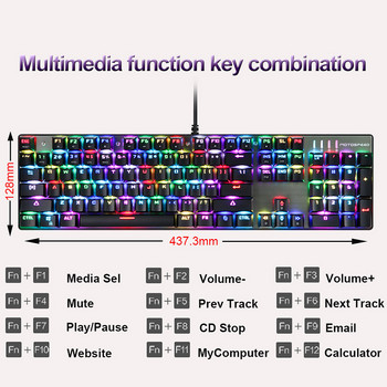 Истинска игрална механична клавиатура Motospeed CK104, 104 клавиша, RGB подсветка, USB кабел, светещ шрифт, руски/английски клавиатури за настолен компютър