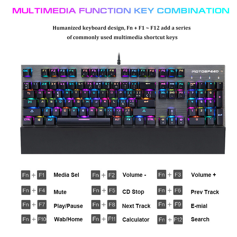 Originaal Motospeed CK108 mänguri mehaaniline klaviatuur 104 klahviga must/sinine/punane lüliti USB juhtmega RGB taustvalgustusega klaviatuurid randmetugi