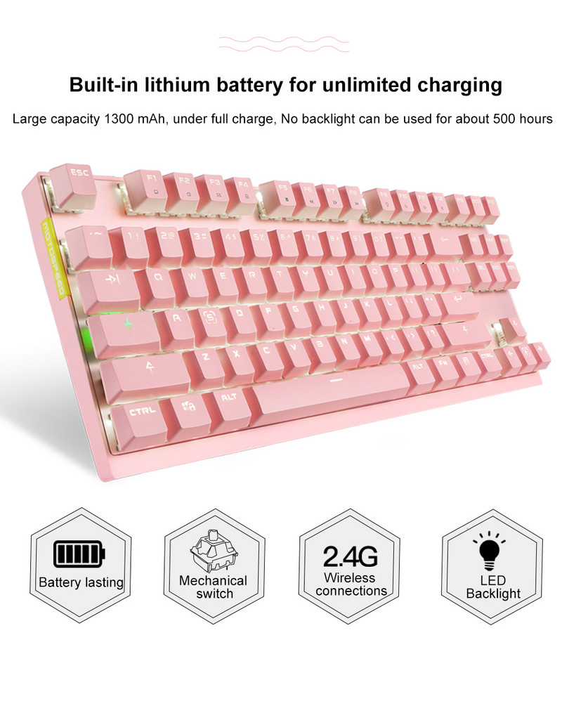 Hot 2.4G belaidė Motospeed GK82 žaidimų mechaninė klaviatūra 87 klavišų LED apšvietimas dvigubo režimo mini USB klaviatūra, skirta kompiuteriniams kompiuteriniams žaidėjams