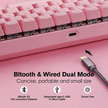 Розова Motospeed CK62 мини механична клавиатура с 61 клавиша, USB, кабелна, Bluetooth двурежимна игрална клавиатура за компютър, лаптоп, геймър