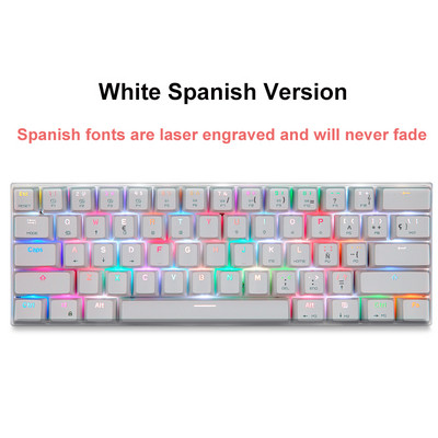 Rusų/anglų Motospeed RGB žaidimų mechaninė klaviatūra 61 klavišų belaidė/Bluetooth LED apšviestos klaviatūros, skirtos nešiojamam kompiuteriui