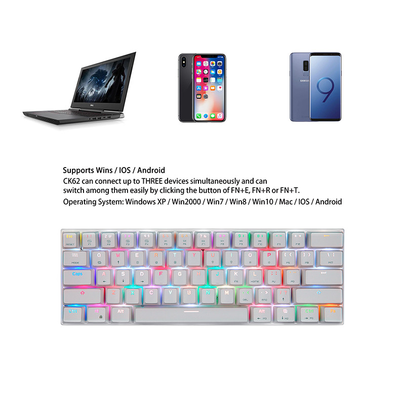 Rusų/anglų Motospeed RGB žaidimų mechaninė klaviatūra 61 klavišų belaidė/Bluetooth LED apšviestos klaviatūros, skirtos nešiojamam kompiuteriui