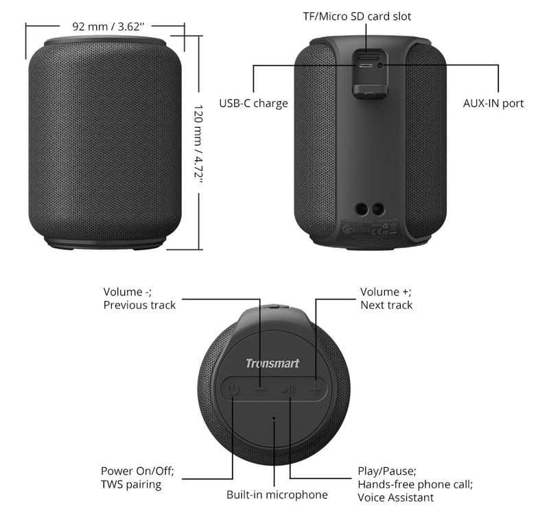 Γνήσιο Tronsmart T6 Mini Wireless Bluetooth Speaker Outdoor Low Pitch Portable Column IPX6 with Voice Assistant 24H Play