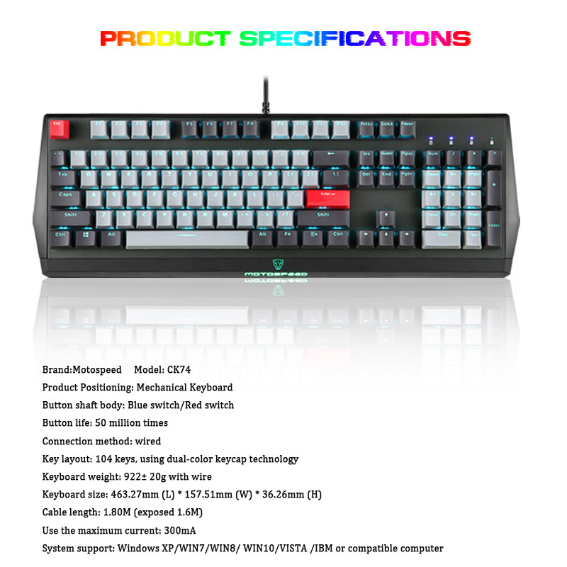 Motospeed CK74 mängumehaaniline klaviatuur 104 klahviga USB Juhtmega LED-taustavalgustusega laser-veekindlad klaviatuurid arvuti-arvuti sülearvuti mängijale