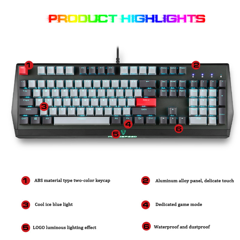 Motospeed CK74 mängumehaaniline klaviatuur 104 klahviga USB Juhtmega LED-taustavalgustusega laser-veekindlad klaviatuurid arvuti-arvuti sülearvuti mängijale