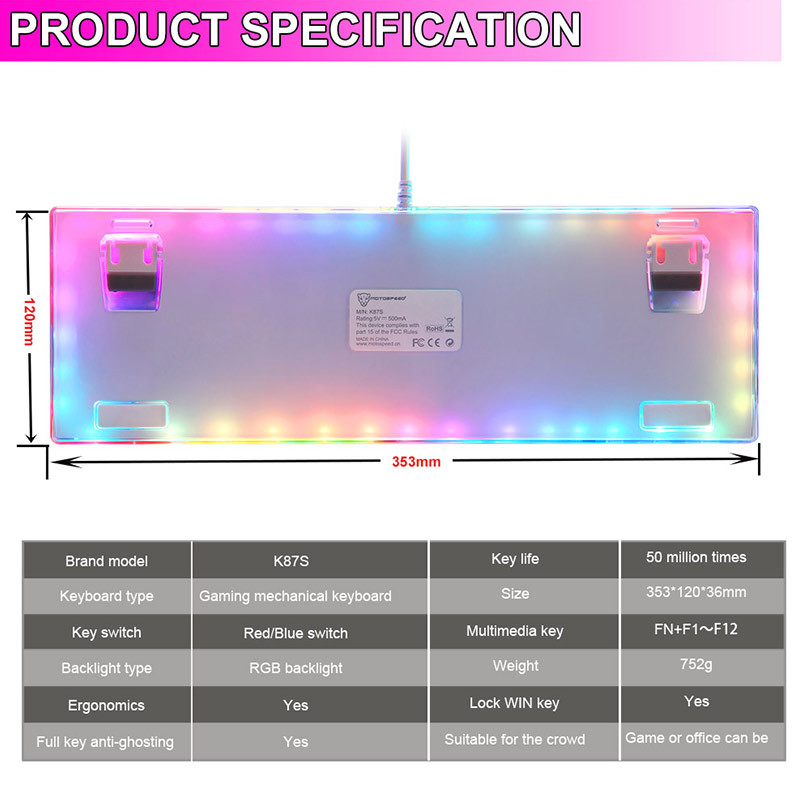 Motospeed K87S RGB igračka mehanička tipkovnica USB žična 87 tipki LED pozadinsko osvjetljenje crveni/plavi prekidač Laserske tipkovnice za računalne igrače