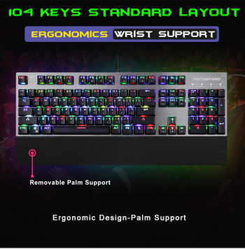 Английска/руска Motospeed CK108 Механична клавиатура 104 клавиша USB Кабелна RGB подсветка Ергономична лазерна игрална клавиатура Поддръжка на китката