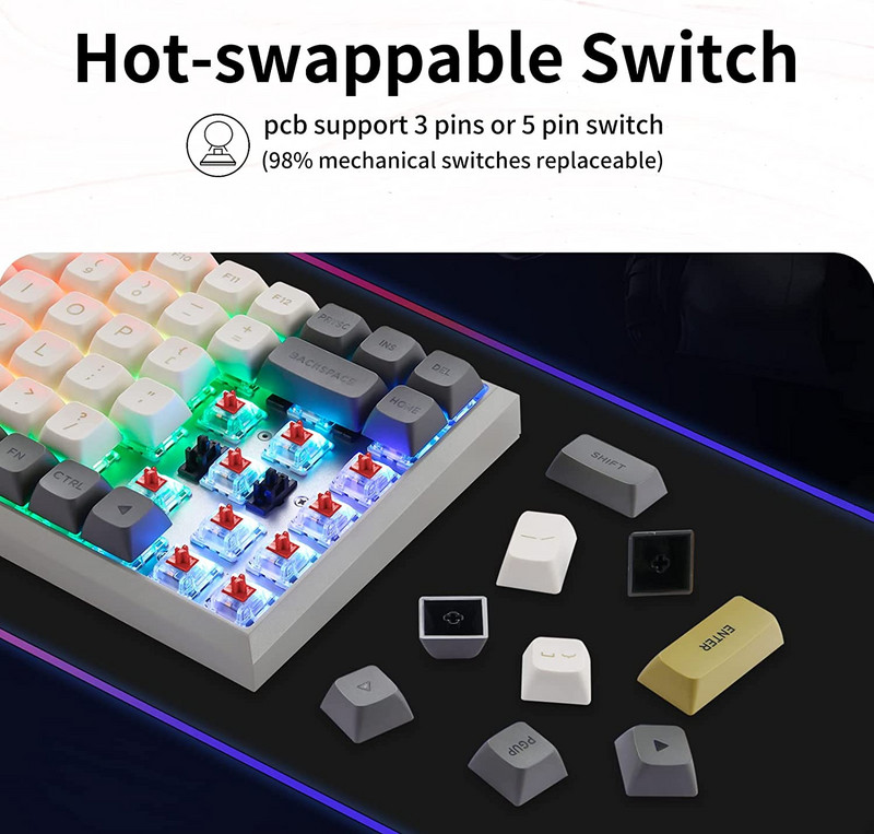 Motospeed SK84 RGB Triple Mode BT5.0/2.4G bežična/Type-C mehanička tipkovnica s mogućnošću vruće izmjene Programabilna gaming tipkovnica s 84 tipke