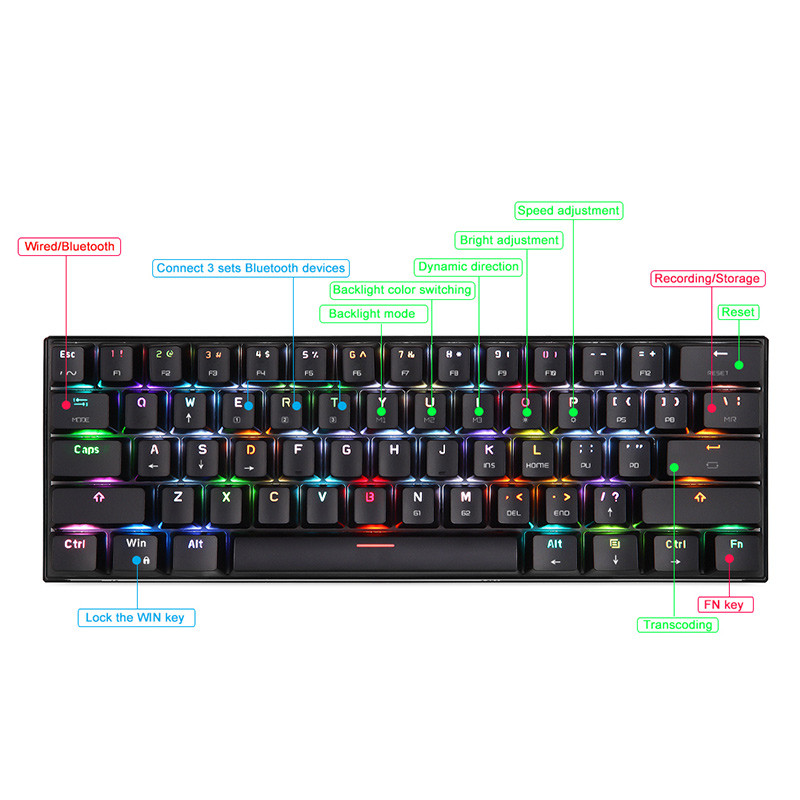 Motospeed CK62 RGB Μηχανικό πληκτρολόγιο 61 πλήκτρων Bluetooth Ασύρματο διπλής λειτουργίας Εργονομία Laser Mini πληκτρολόγια παιχνιδιών για φορητό υπολογιστή