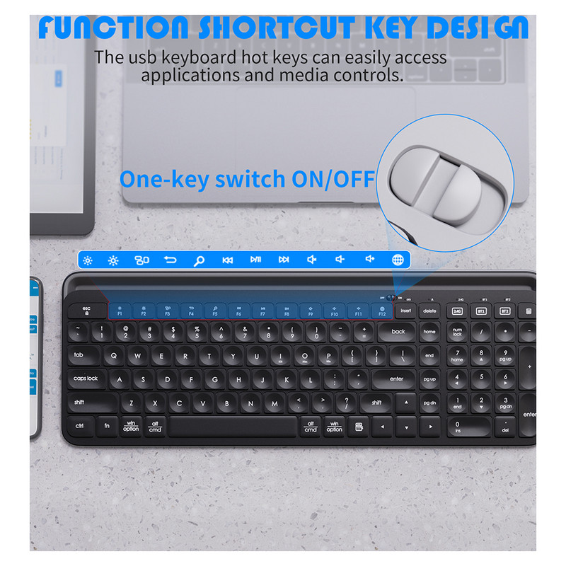 105 taste Trei moduri Bluetooth3.0 5.0 Tastatură 2.4G Tastatură fără fir pentru ipad, telefon, tabletă, laptop, tastatură pentru Android ios Windows