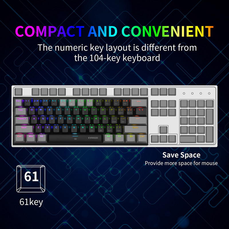 61 gombos mechanikus billentyűzet játékbillentyűzet RGB háttérvilágítás C-típusú USB vezetékes vízálló 60%-os PC-játékos billentyűzet PC asztali laptophoz