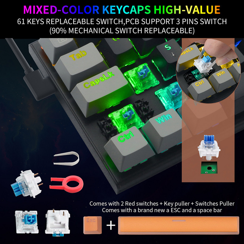61 gombos mechanikus billentyűzet játékbillentyűzet RGB háttérvilágítás C-típusú USB vezetékes vízálló 60%-os PC-játékos billentyűzet PC asztali laptophoz