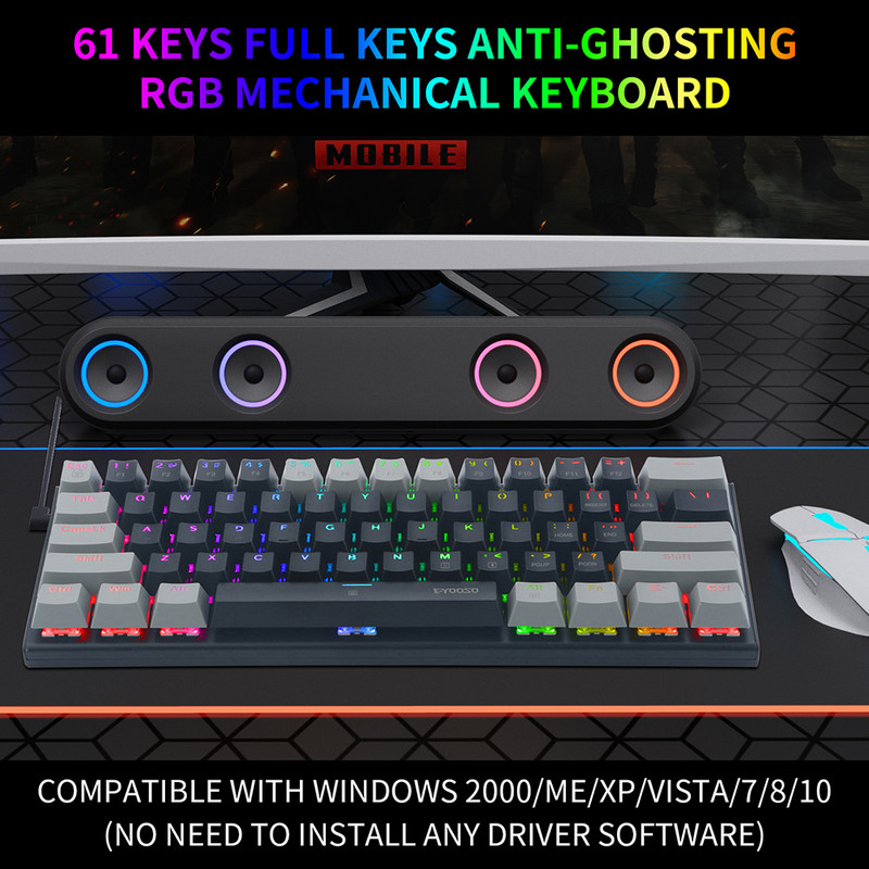 61 gombos mechanikus billentyűzet játékbillentyűzet RGB háttérvilágítás C-típusú USB vezetékes vízálló 60%-os PC-játékos billentyűzet PC asztali laptophoz