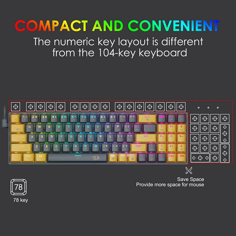 Redragon K688 RGB USB Mini Mechanical Gaming Keyboard Blue Switch 78 Keys Ενσύρματο αποσπώμενο καλώδιο, φορητό για φορητό υπολογιστή ταξιδιού