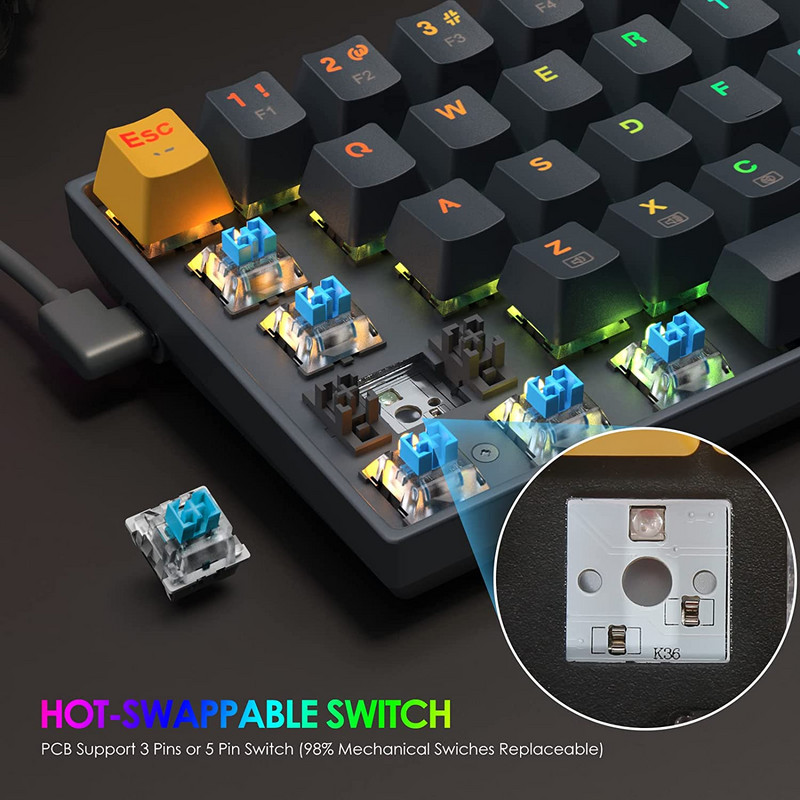 Redragon K688 RGB USB Mini Mechanical Gaming Keyboard Blue Switch 78 Keys Ενσύρματο αποσπώμενο καλώδιο, φορητό για φορητό υπολογιστή ταξιδιού