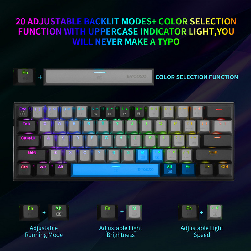 60%-os mechanikus billentyűzet 61 gombos vízálló USB Type C vezetékes játékbillentyűzet RGB háttérvilágítású billentyűzet ergonomikus vezetékes játékbillentyűzet