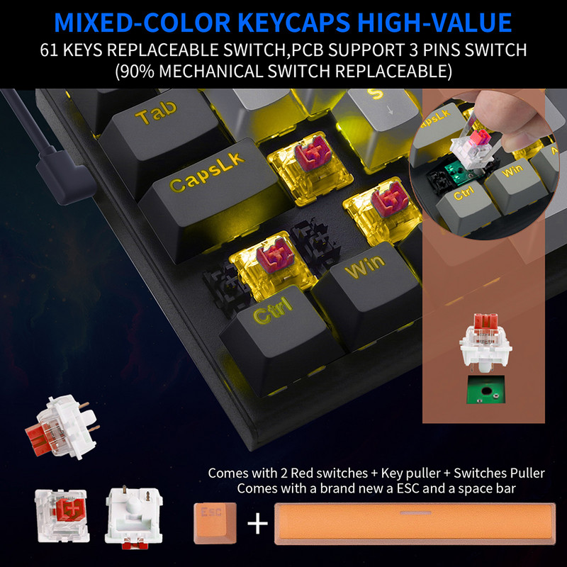 Tastatură mecanică 60% USB tip C cu fir LED cu iluminare din spate Axa 61 taste Tastatură pentru jocuri OUTEMU Comutatoare roșii Seturi pentru jucători pentru PC Laptop