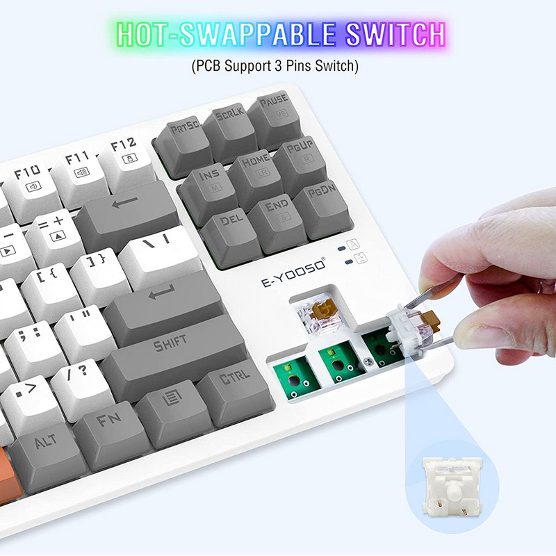 Žičana mehanička igraća tipkovnica 3 boje Keycap 87 tipki OUTEMU prekidač Plavo pozadinsko osvjetljenje RGB bočno svjetlo za Mac PC Windows XP/8/10