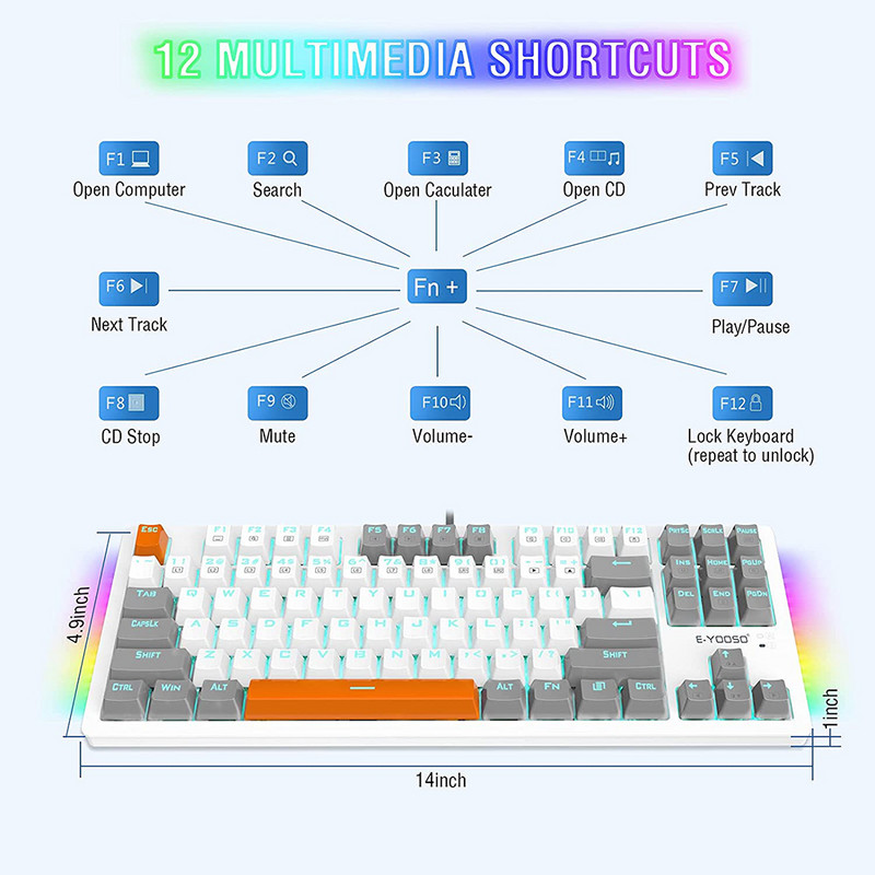 Žičana mehanička igraća tipkovnica 3 boje Keycap 87 tipki OUTEMU prekidač Plavo pozadinsko osvjetljenje RGB bočno svjetlo za Mac PC Windows XP/8/10
