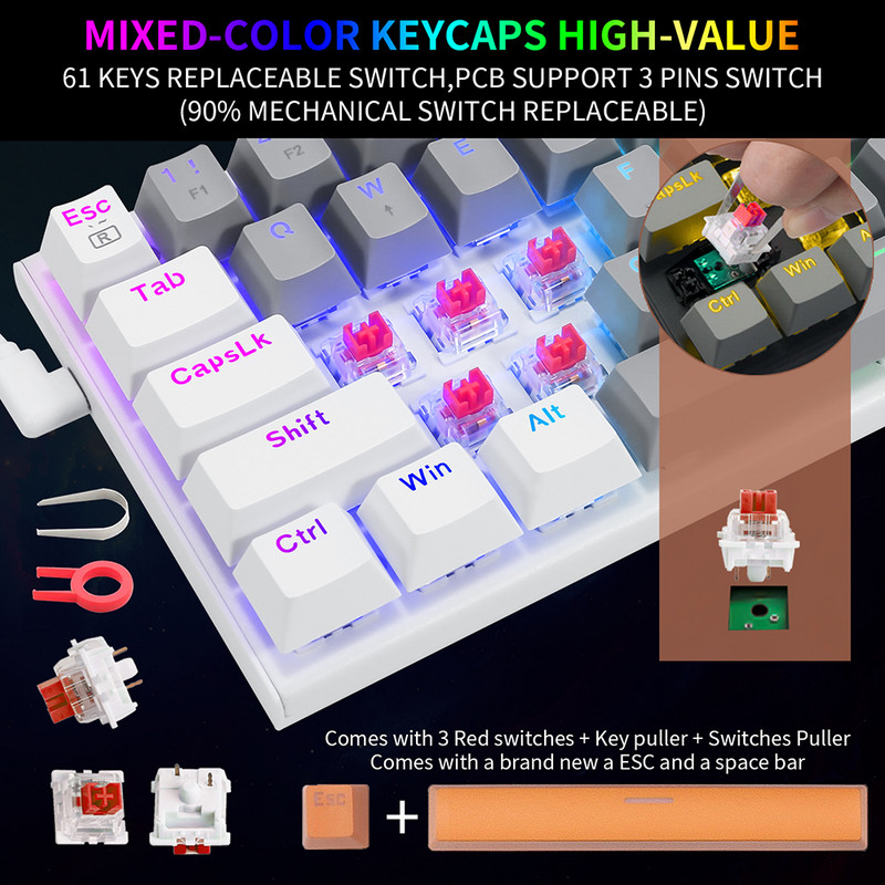 60% mänguri mehaaniline klaviatuur USB juhtmega 61 klahvi punane lüliti kummitusvastane LED taustavalgustusega RGB mänguklaviatuur tahvelarvuti lauaarvutile