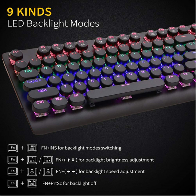 USB káblová retro mechanická klávesnica 104 klávesov s modrými prepínačmi, herné klávesnice s dúhovým podsvietením pre notebooky a stolné počítače