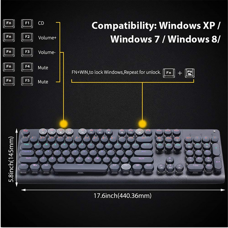 USB káblová retro mechanická klávesnica 104 klávesov s modrými prepínačmi, herné klávesnice s dúhovým podsvietením pre notebooky a stolné počítače