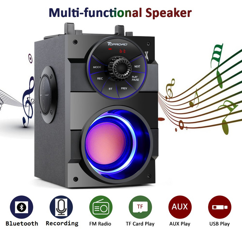 Difuzor Bluetooth TOPROAD Subwoofer stereo portabil de mare putere Difuzoare cu bas puternic Suport casetă de sunet Radio FM TF AUX USB