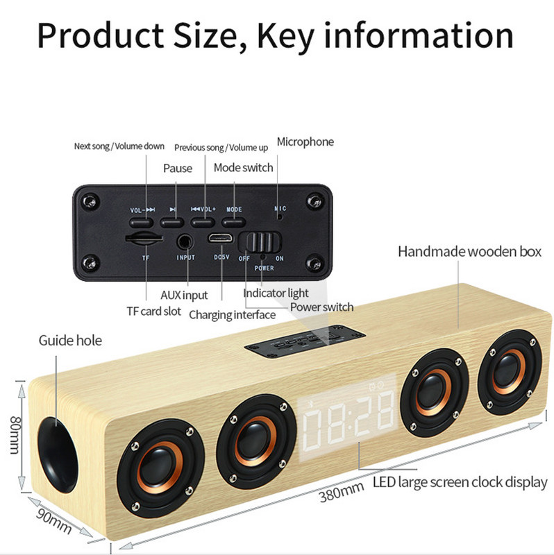 20 W medinis belaidis Bluetooth garsiakalbis TV Soundbar HIFI stereo erdvinis LED ekranas muzikos garsiakalbis su FM radijo žadintuvu AUX